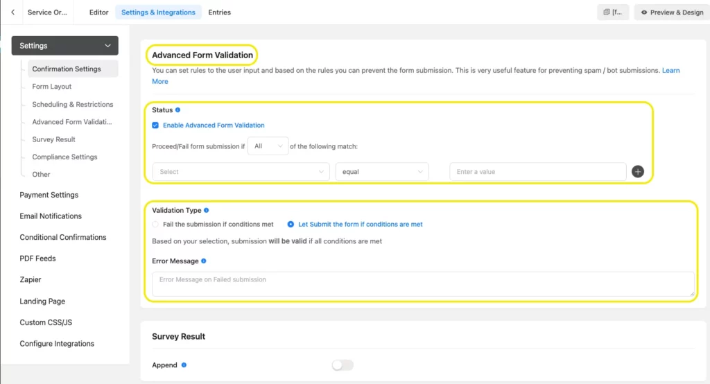 payment success message, form builder