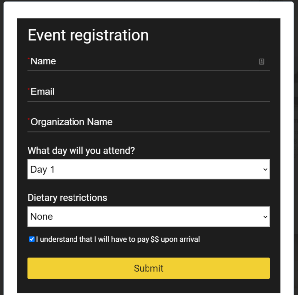 Event registration form in Opinion Stage