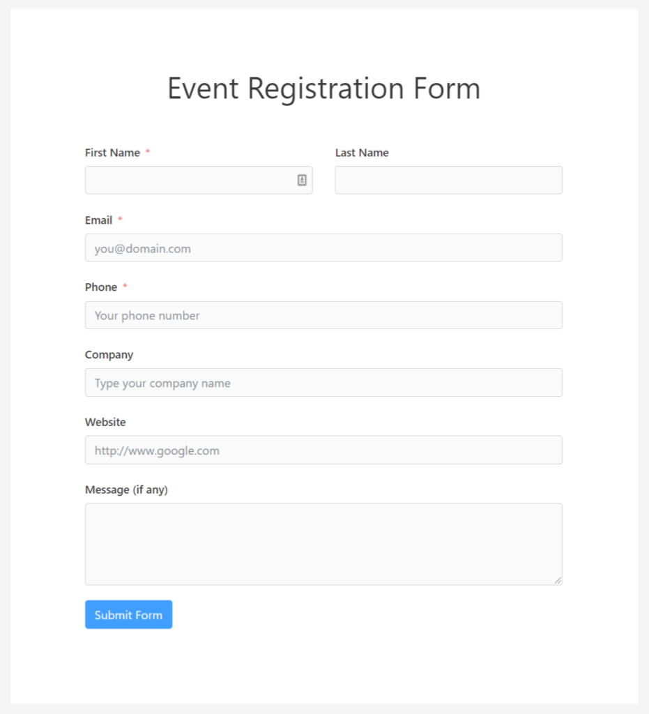 Event registration form in Fluent Forms