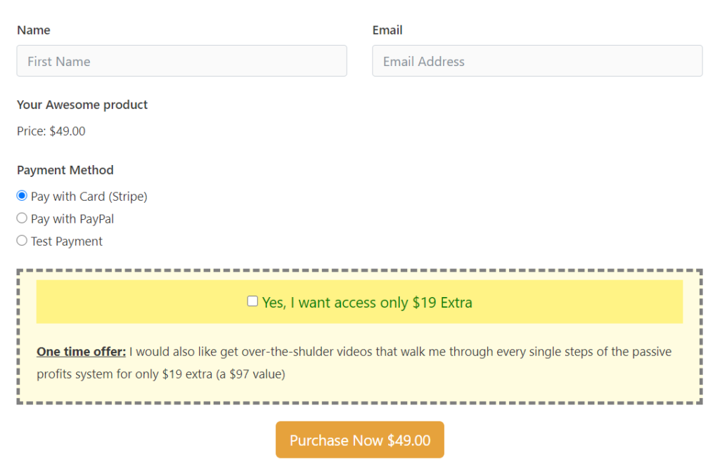 Order bump form in Fluent Forms