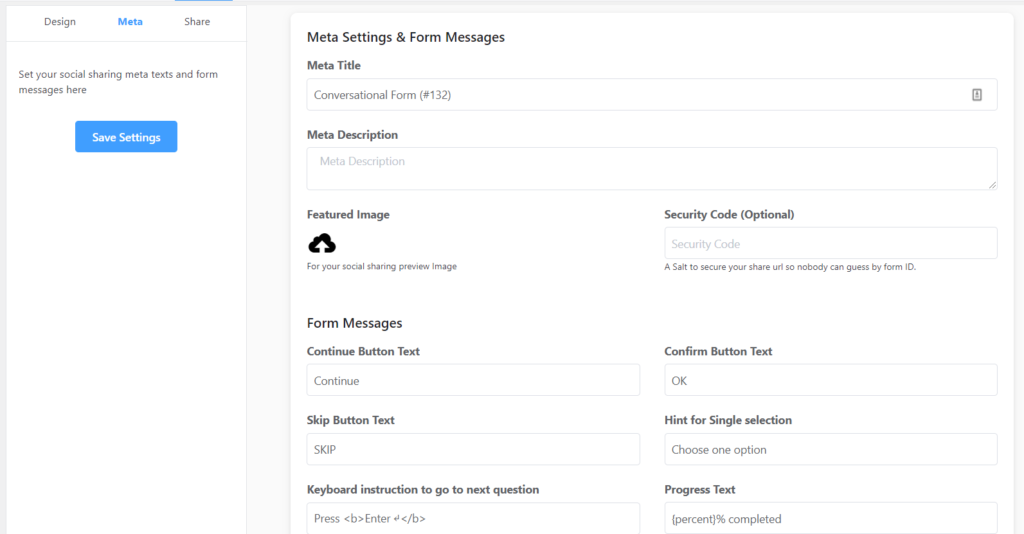 Conversational Forms Meta Settings