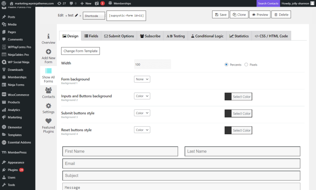 Form editor - Contact Form by Supsystic