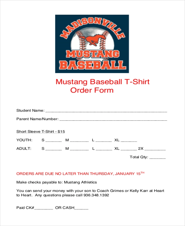 Mustang Baseball T Shirt Order Form 17734