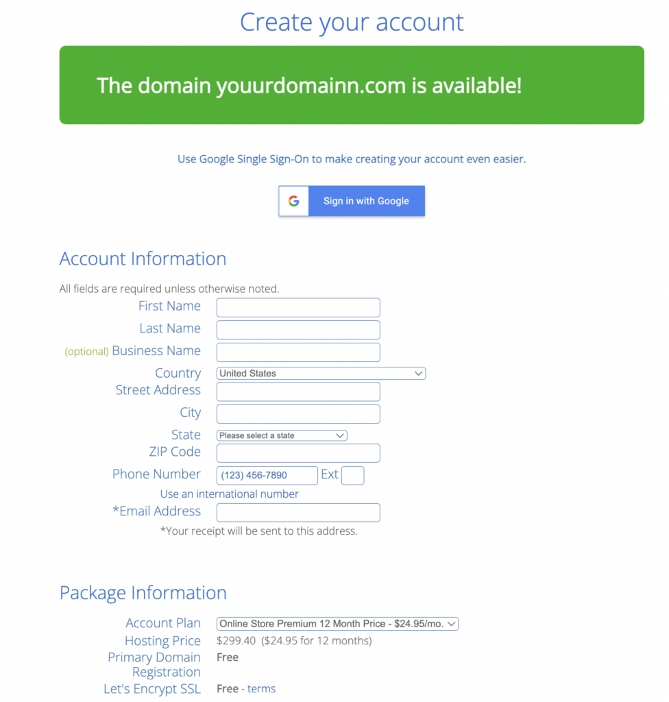 Bluehost account creation