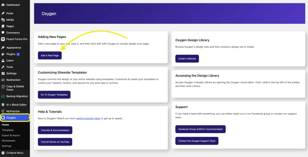 Add new page in WordPress with Oxygen builder