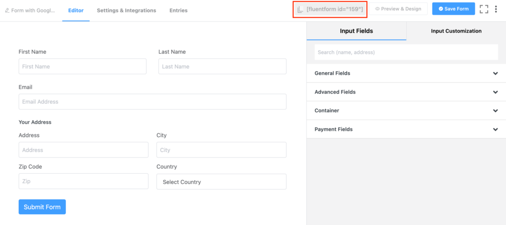 Shortcode of the form