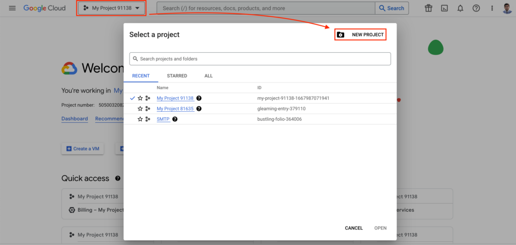 Create a new project in Google Cloud Console