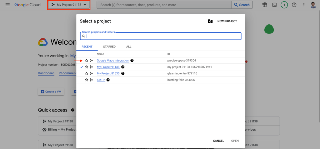 Selecting the newly created project