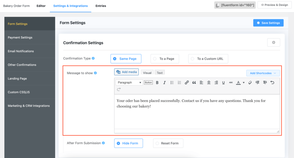Customizing confirmation message