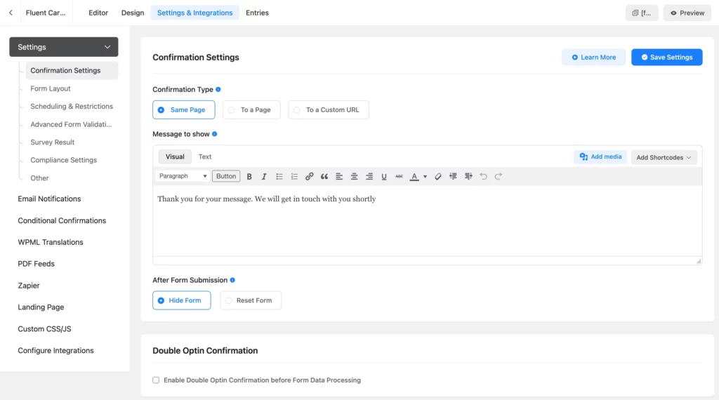 Confirmation settings WordPress forms