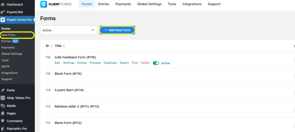 WordPress dashboard, Fluent Forms