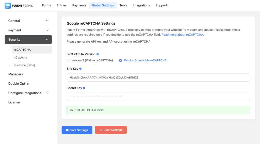 Fluent Forms security settings new 26891