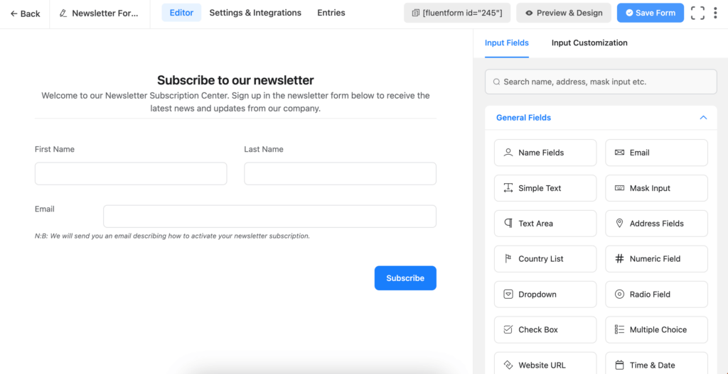 Fluent Forms editor interface