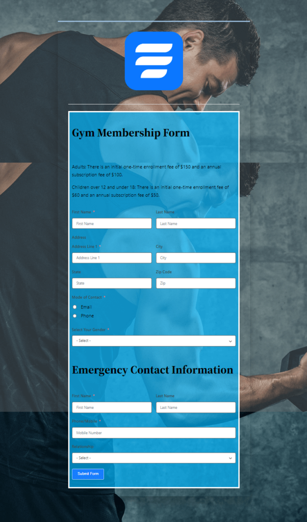 gym membership form template landing page version