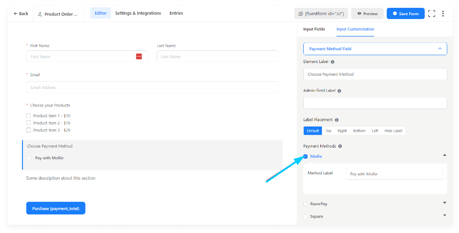 Mollie Payments integrate with Fluent Forms