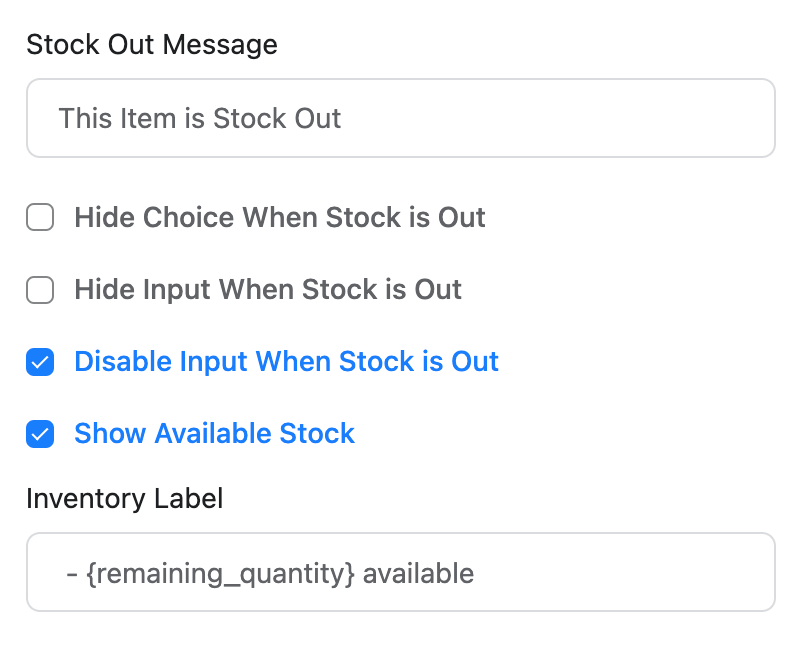 Different options in inventory settings