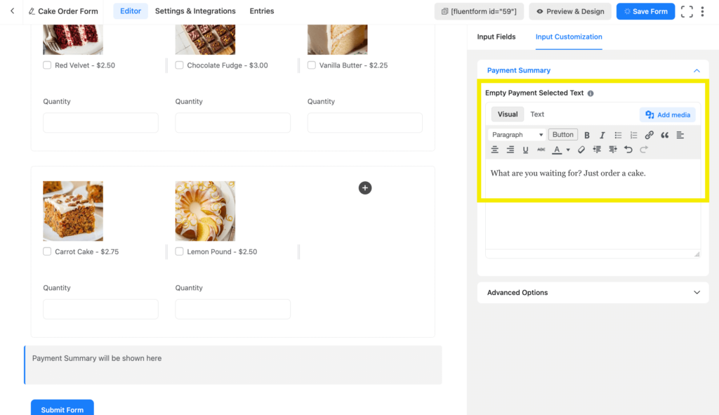 Cake order form in WordPress 12 35421