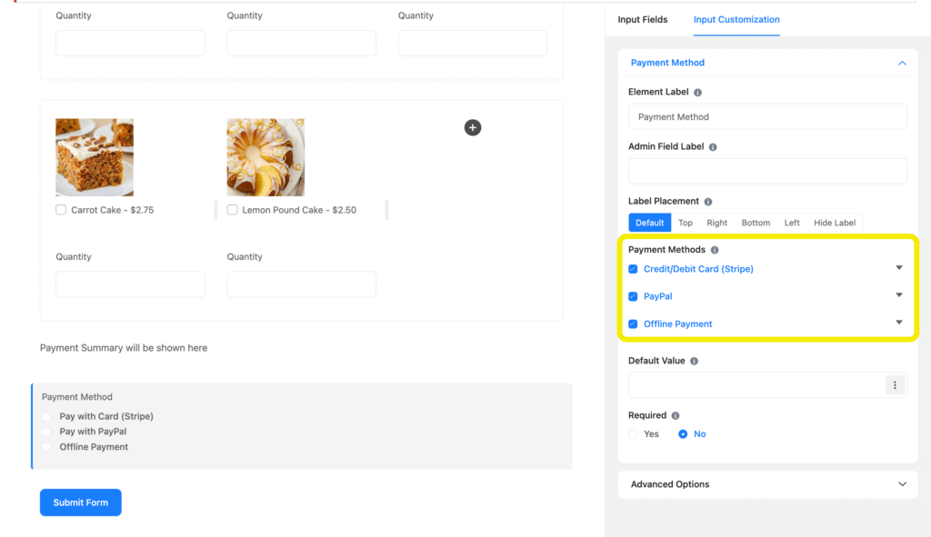 Cake order form in WordPress 13 35421