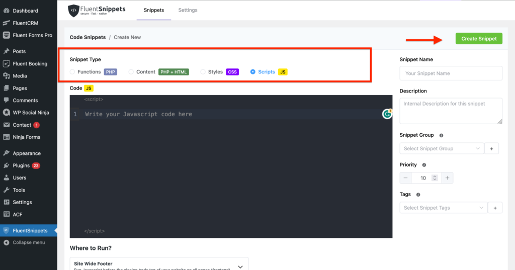 custom code types - fluentsnippets code snippets plugin