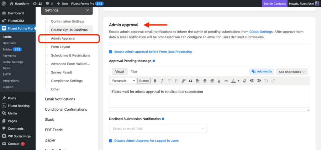 admin approval in Fluent Forms