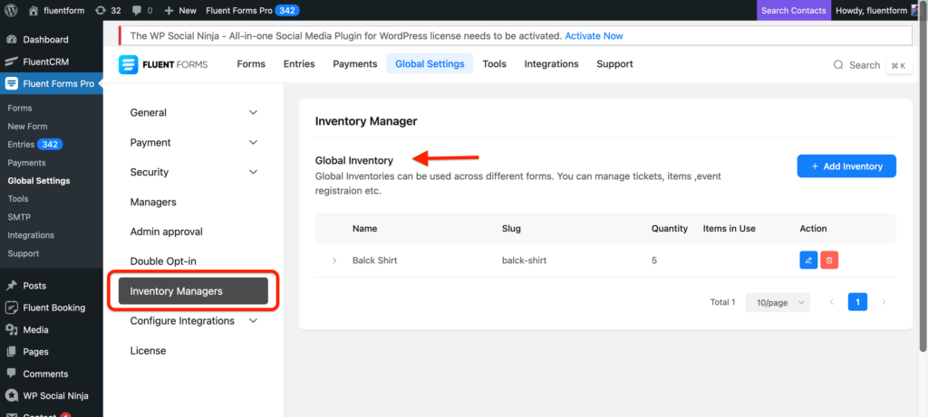 Global Inventory Settings in Fluent Forms