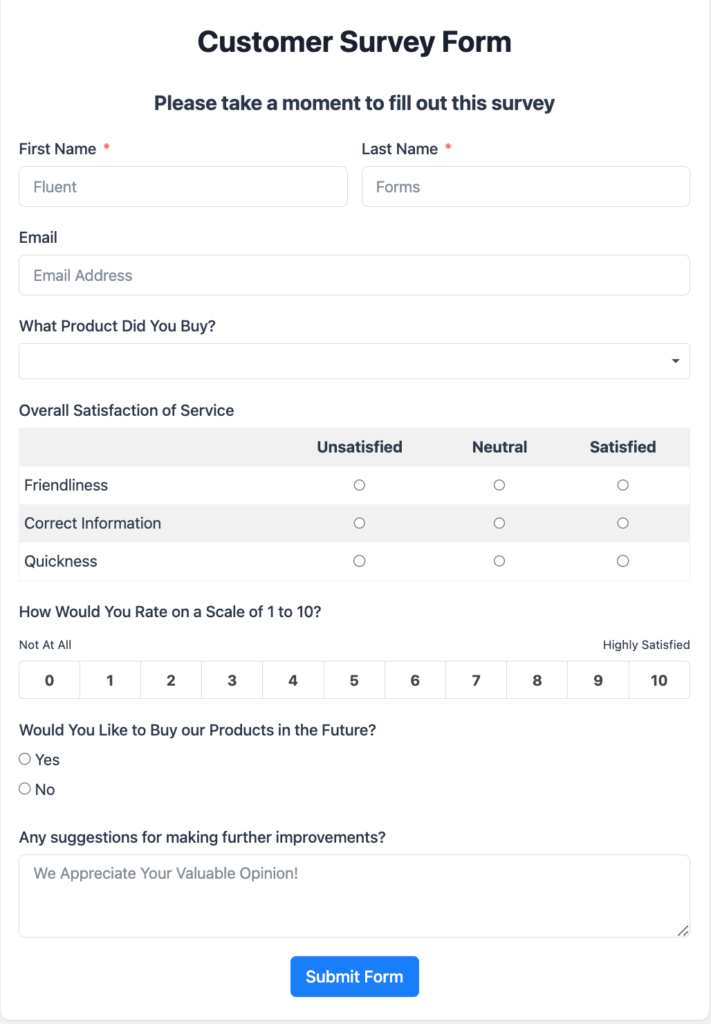 Customer survey feedback form questions demo
