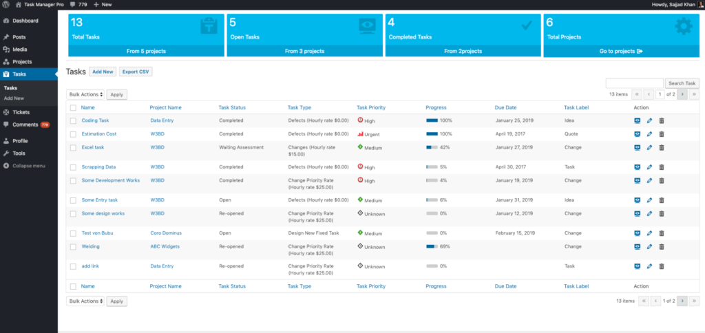 Task manager pro, WordPress project management plugin