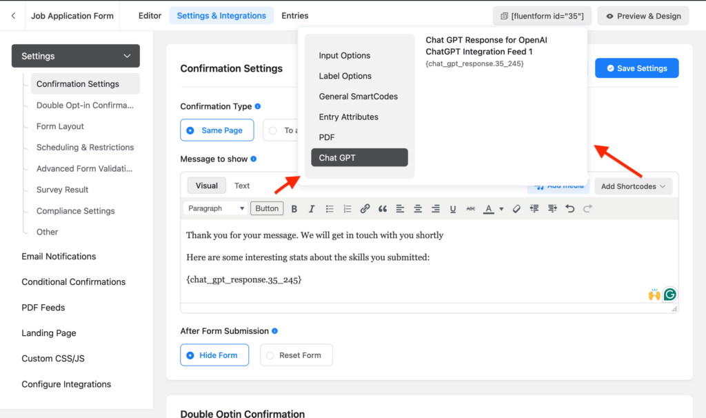 ChatGPT response in form confirmation message