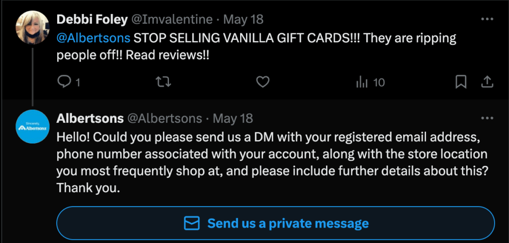 A screenshot that captures a conversation between 'Albertsons' and its customer