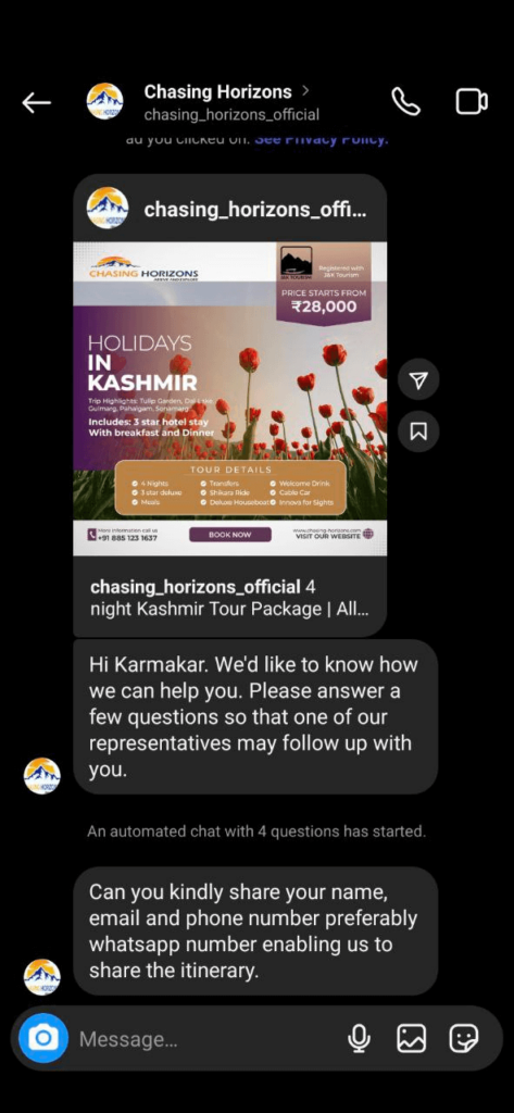 Screenshot of a chatbot used by the company named Chasing Horizons