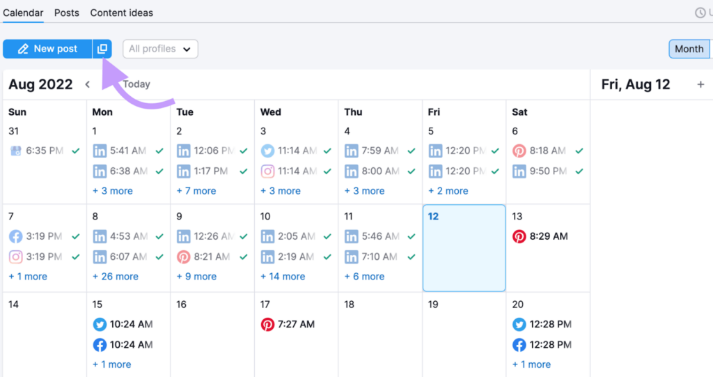 SemRush Social Media Post Scheduler calendar view