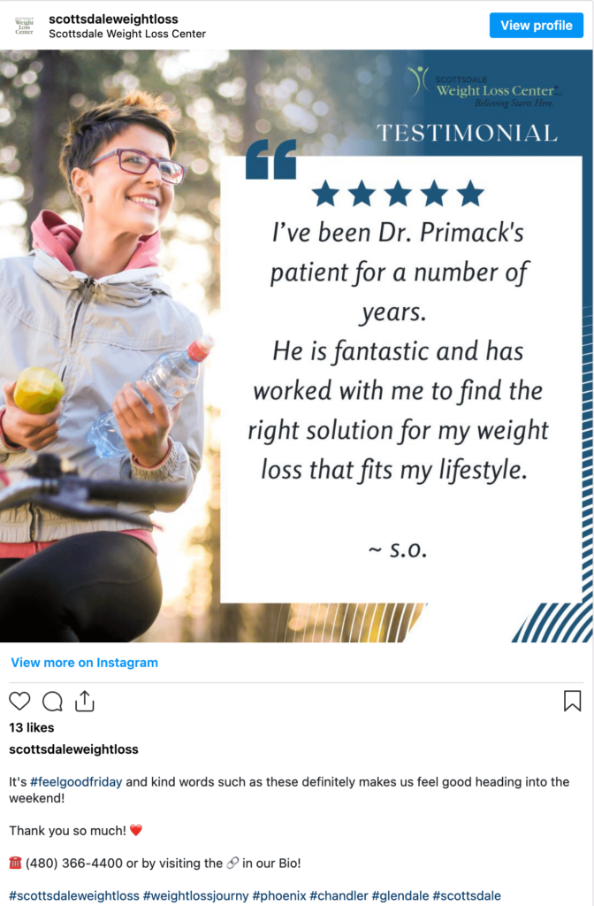 Customer testimonial post of Scotts Dale Weight Loss