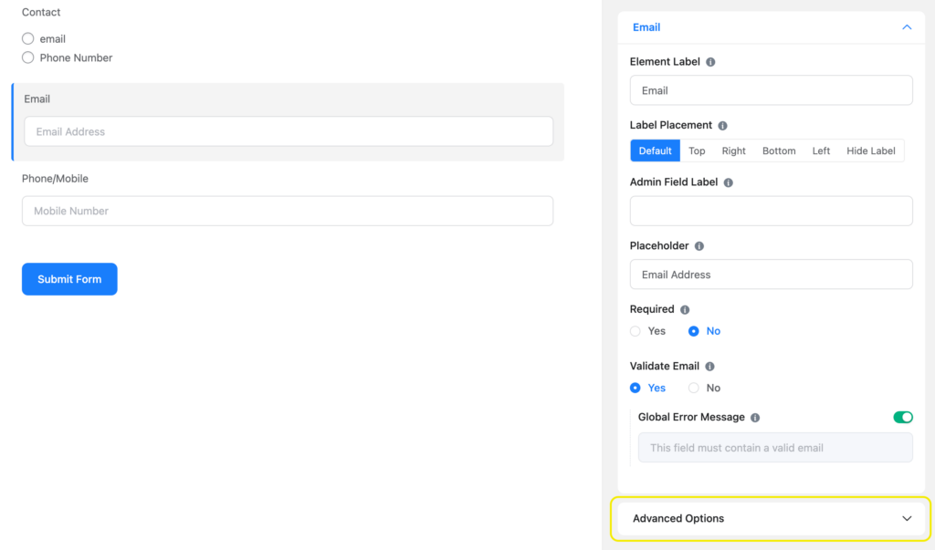 Advanced options for input fields