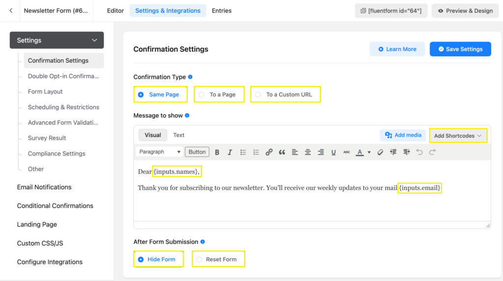 Confirmation message on the same page