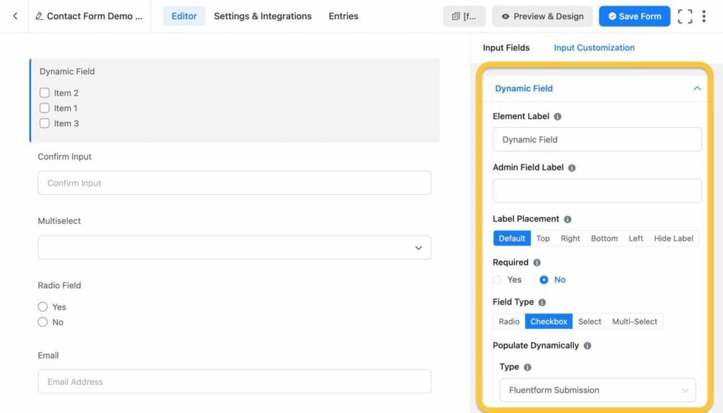 Dynamic field in form input fileds in fluent forms