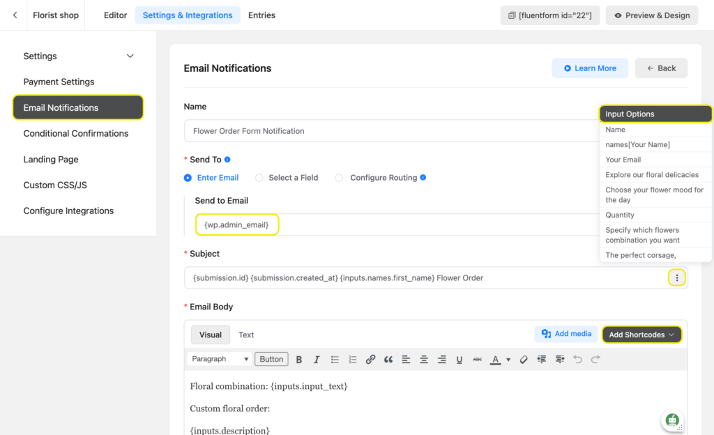 add shortcodes to email subject and body