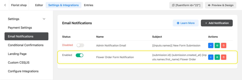enabled admin email notification