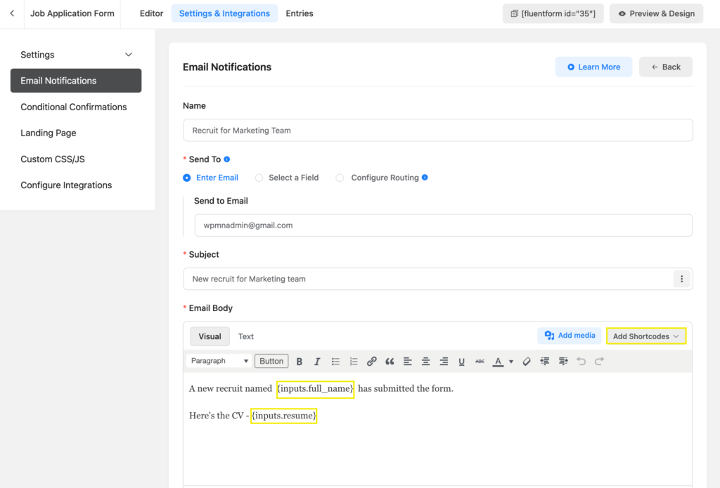 Email Notification customization interface