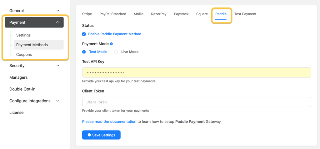 Paddle payment setting in Fluent Forms