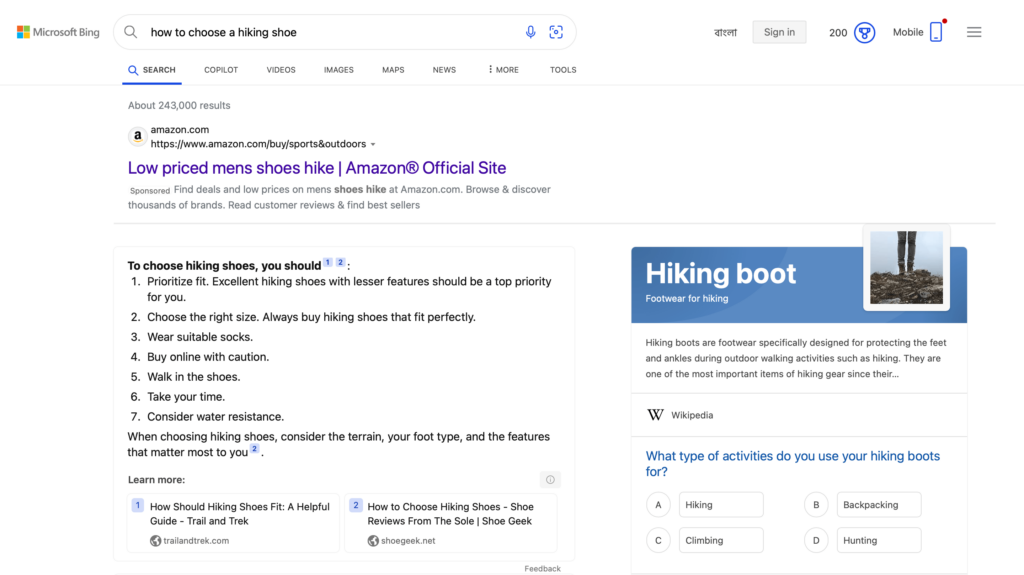 Microsoft Bing AI Answer Box
