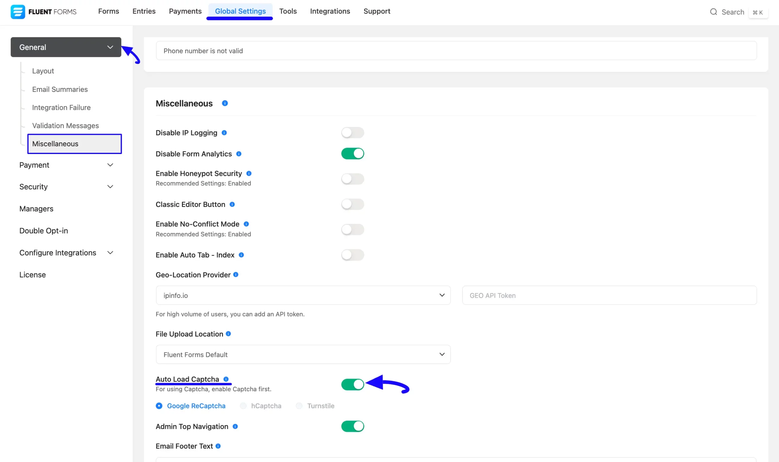 2. Auto load CAPTCHA toggle from General tab of global Settings scaled 46128