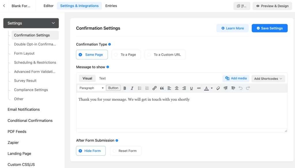 Form settings of Fluent Forms