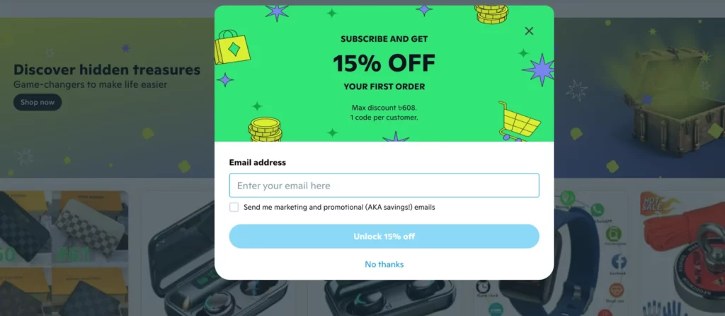 Newsletter sign up discount example and how it works.