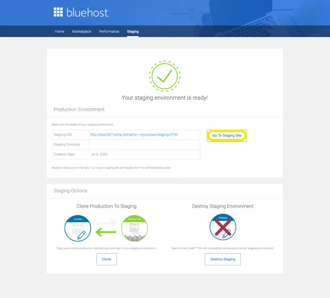WordPress Staging Site Environment- bluehost