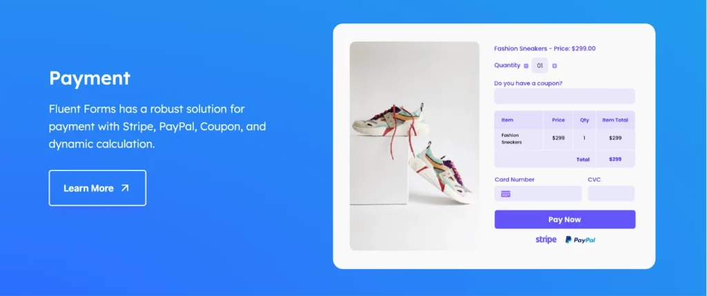 Fluent Forms: Multiple payment options provider WordPress plugin.