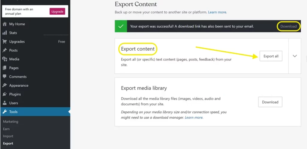 Download exported content- Dashboard for migrating WordPress.com Website to WordPress.org