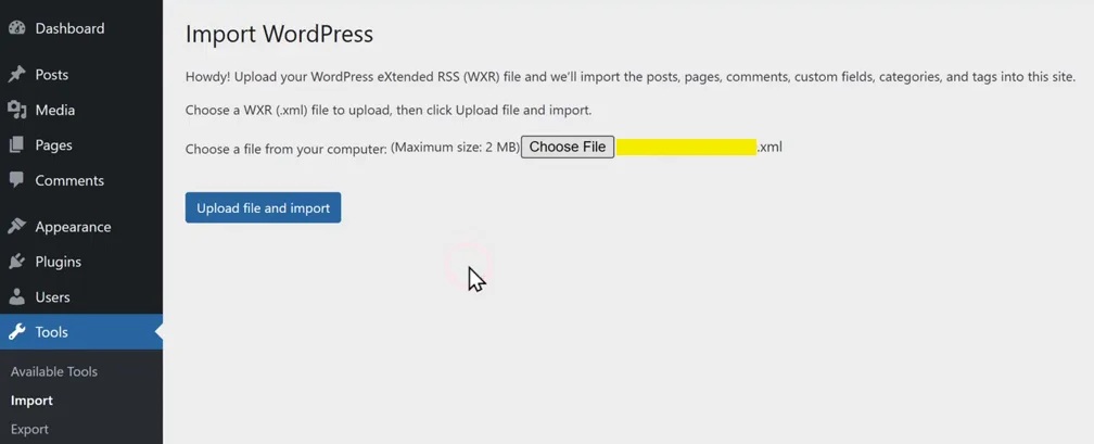 Upload file- Import WordPress