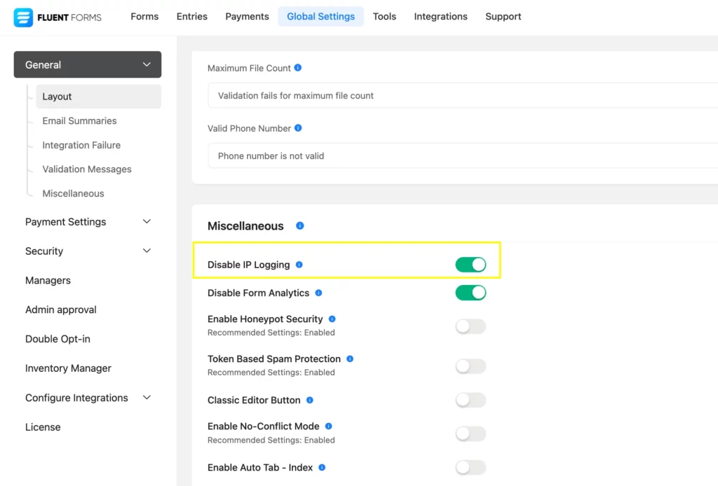 Disable IP Logging on Fluent Forms -  create anonymous forms.