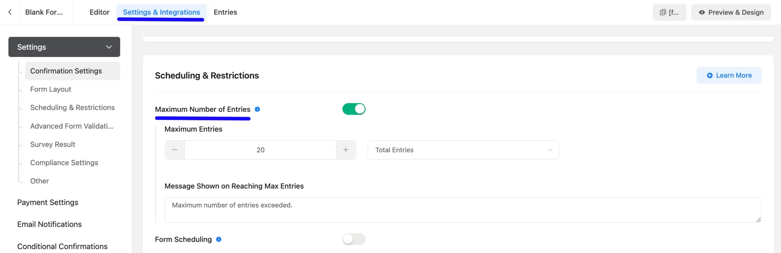 Maximum number of entries scaled 58158